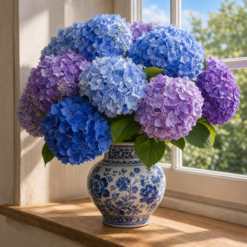 Hortensia in Delfts blauwe vaas op vensterbank