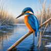 Ijsvogel in winterriet boven helder water