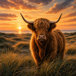 Schotse hooglander in duingras bij zonsondergang