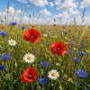 Wilde bloemenweide met klaprozen korenbloemen en margrieten