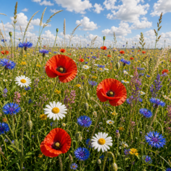 Wilde bloemenweide met klaprozen korenbloemen en margrieten