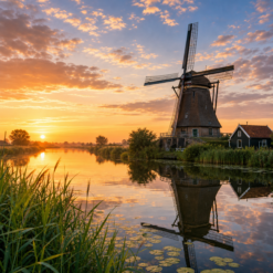 Nederlandse windmolen aan water bij zonsopkomst