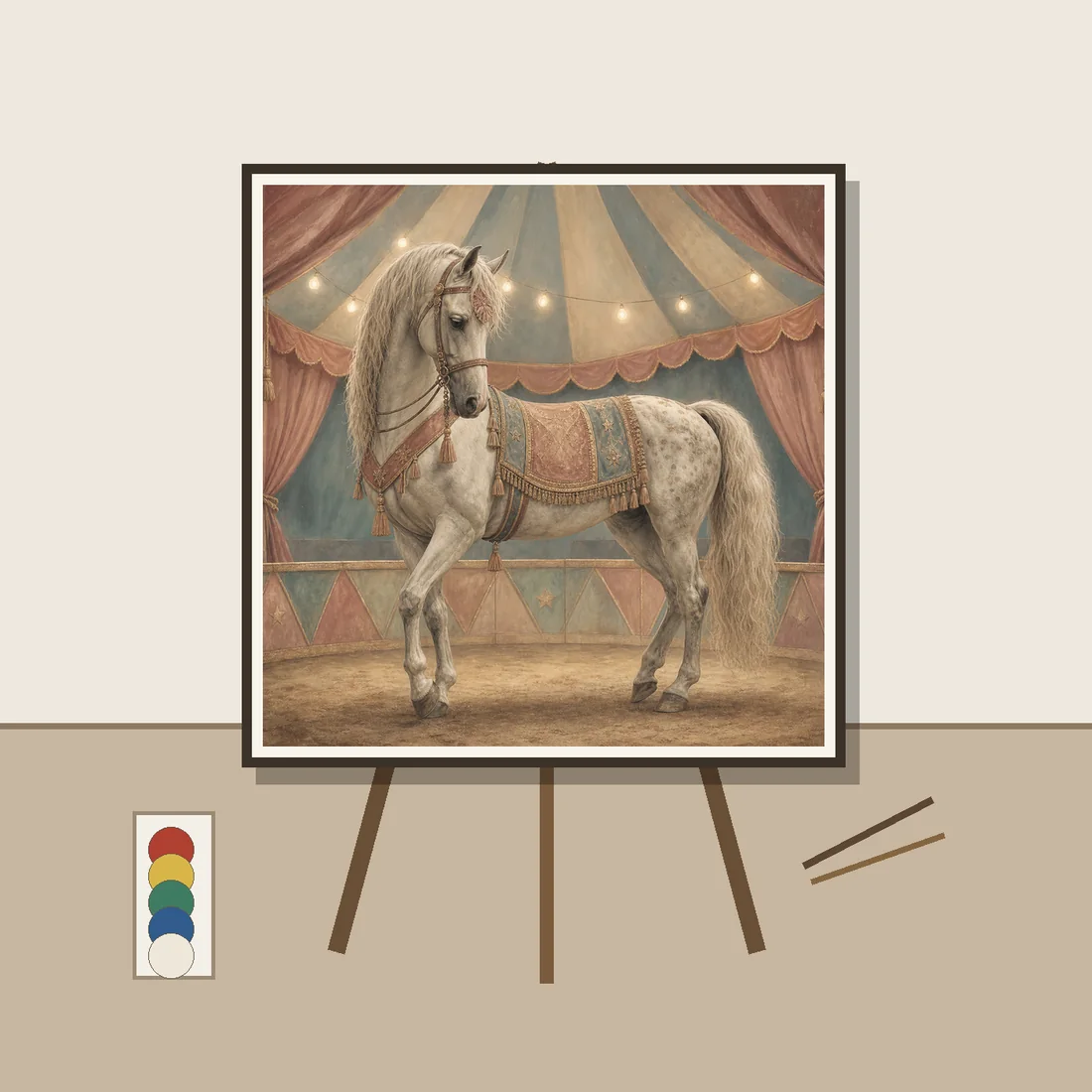 Sfeerbeeld op ezel: Schilderen op nummer vintage circuspaard in pasteltent