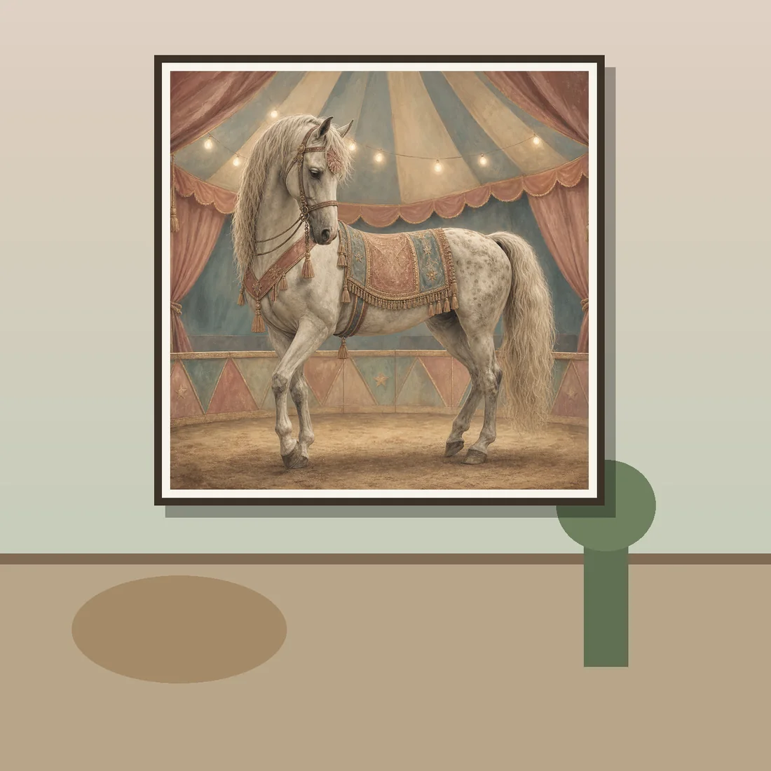Sfeerbeeld aan de muur: Schilderen op nummer vintage circuspaard in pasteltent