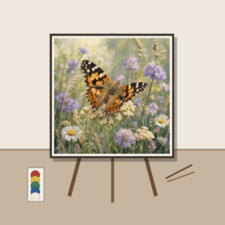 Sfeerbeeld op ezel: Schilderen op nummer vlinder op wilde bloemen close-up