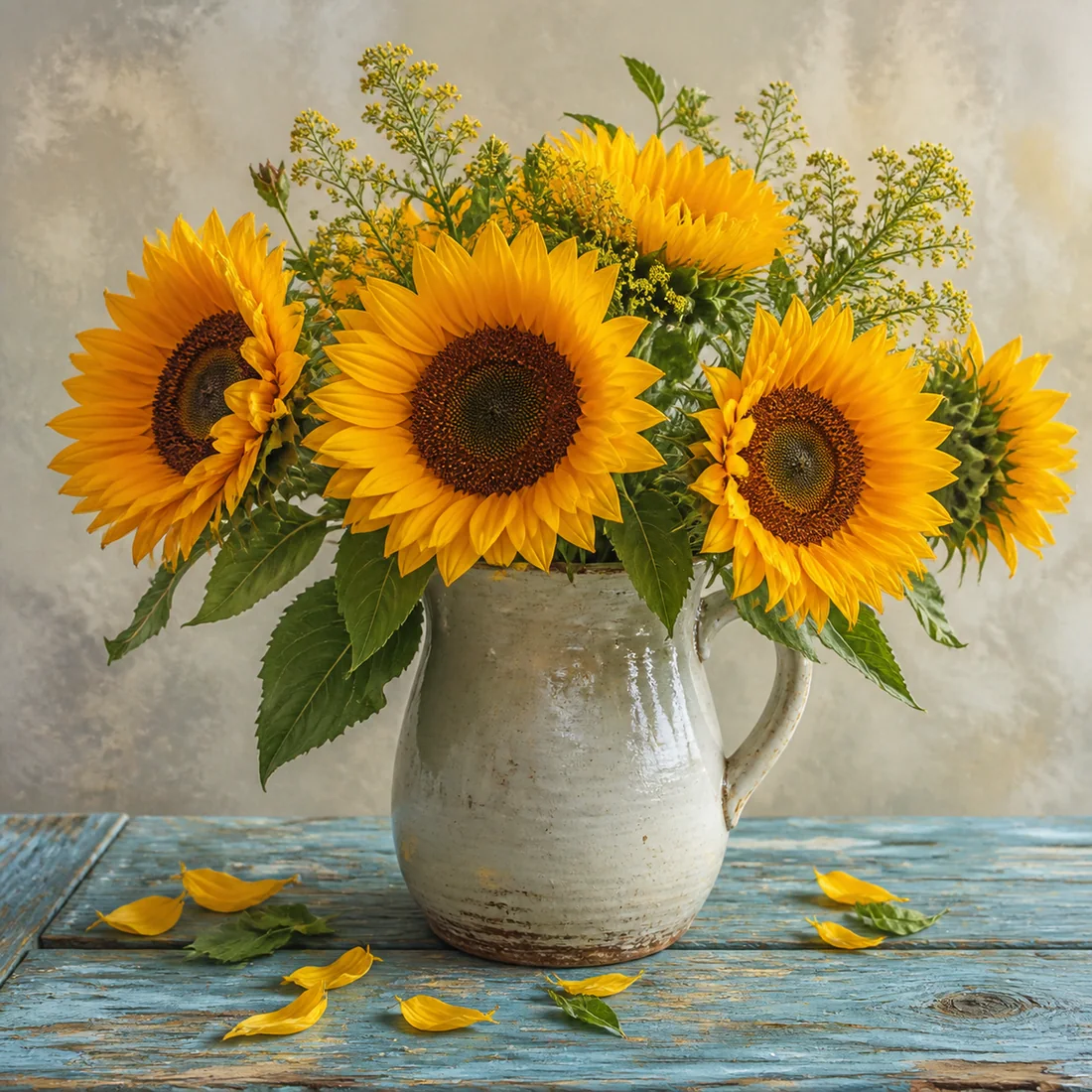 Hoofdafbeelding: Schilderen op nummer zonnebloemen op patina-blauwe tafel