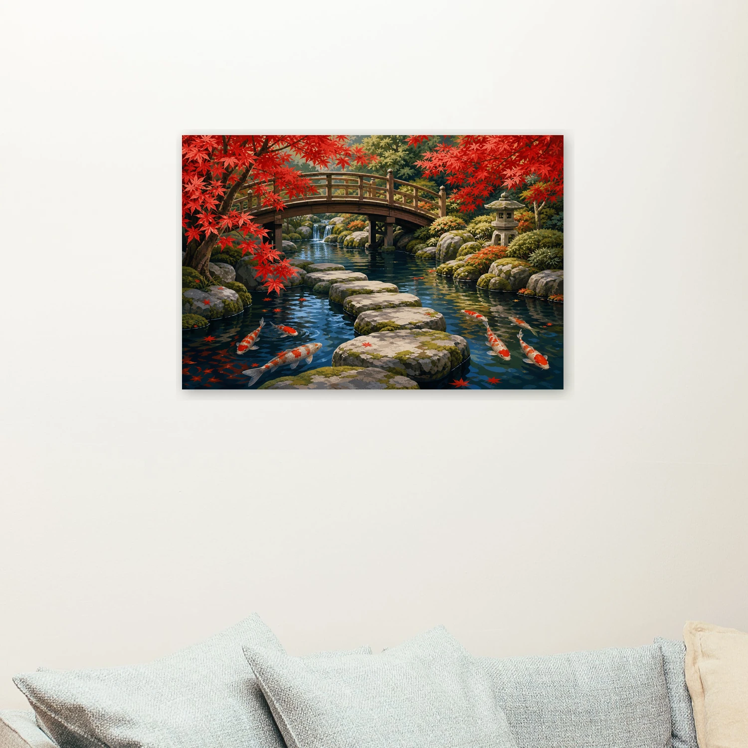 Japanse koi tuin in herfst schilderen op nummer als sfeerimpressie aan de muur