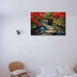Japanse koi tuin in herfst schilderen op nummer als sfeerimpressie aan de muur