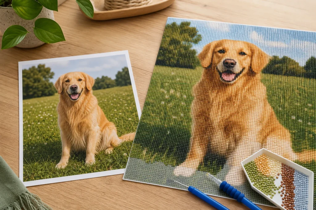Eigen foto van een golden retriever naast de diamond painting preview