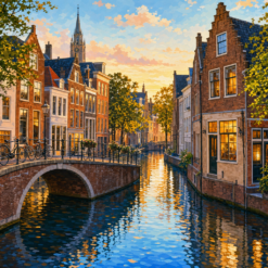 Schilderen op nummer Delftse gracht met brug en avondlicht