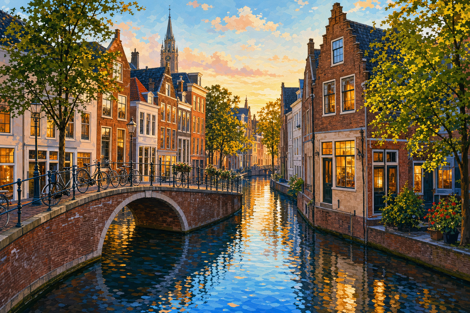Schilderen op nummer Delftse gracht met brug en avondlicht