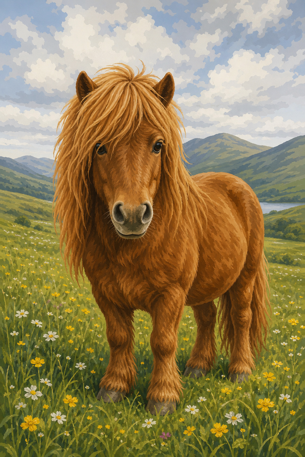 Schilderen op nummer Highland pony in bloemenweide