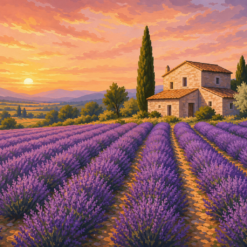 Schilderen op nummer lavendelveld in de Provence bij zonsondergang