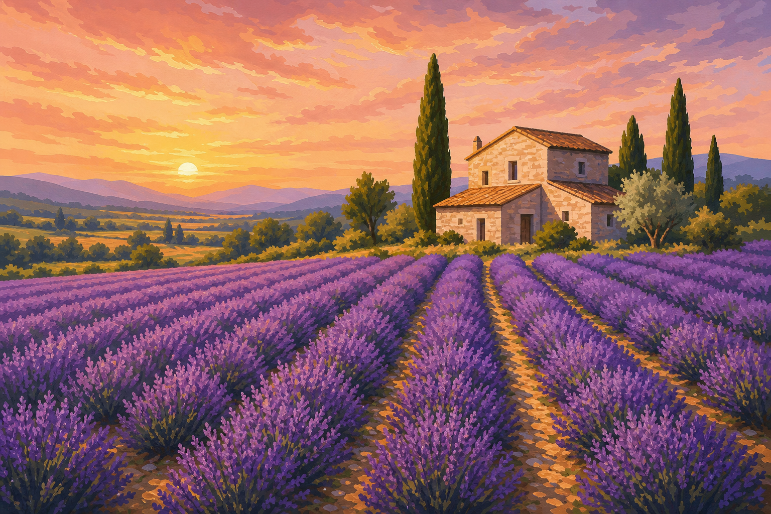 Schilderen op nummer lavendelveld in de Provence bij zonsondergang