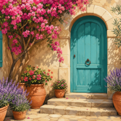 Schilderen op nummer mediterrane binnenplaats met turquoise deur en bloemen