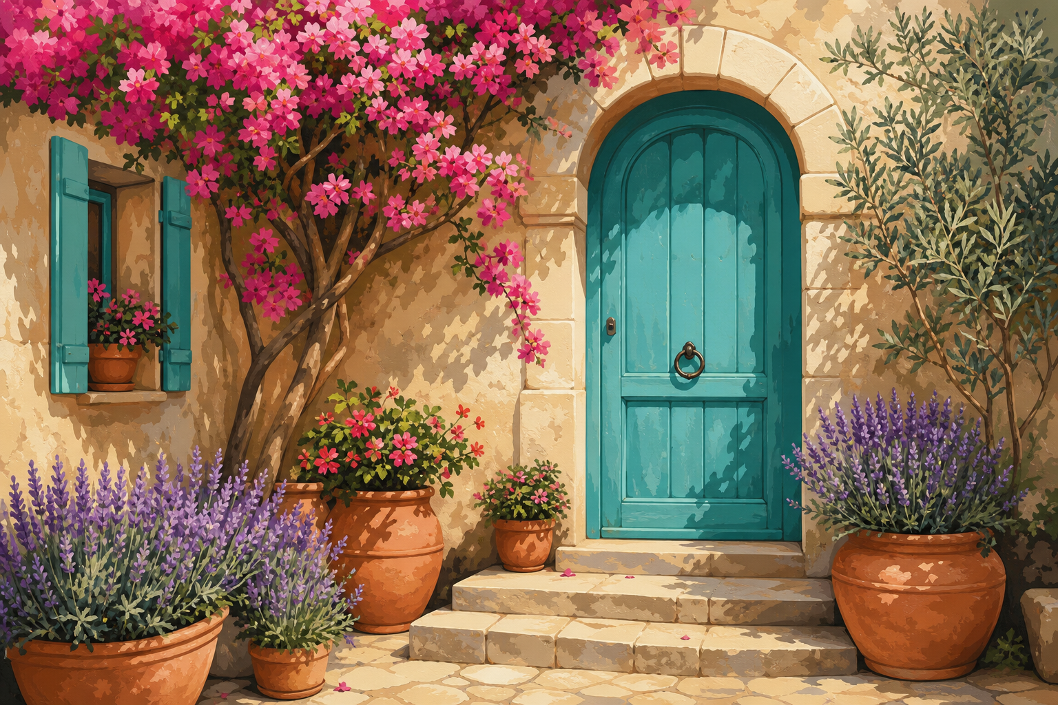 Schilderen op nummer mediterrane binnenplaats met turquoise deur en bloemen