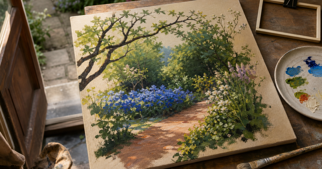 Een schildersezel met een tuinschilderij in wording, een palet met enkele kleuren en een foto van een tuin als voorbeeld.