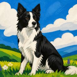 Schilderen op nummer border collie, een alerte zwart-witte border collie in een weiland