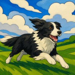 Schilderen op nummer: een border collie die met wapperende oren over een grasveld rent