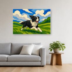Schilderij Schilderen op nummer rennende border collie opgehangen boven de bank in een woonkamer