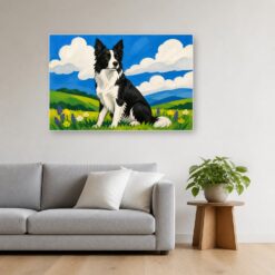 Schilderij Schilderen op nummer border collie met grote vlakken opgehangen boven de bank in een woonkamer
