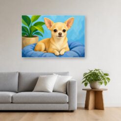 Schilderij Schilderen op nummer chihuahua met grote vlakken opgehangen boven de bank in een woonkamer