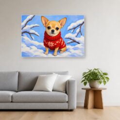 Schilderij Schilderen op nummer chihuahua in de sneeuw opgehangen boven de bank in een woonkamer