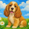 Schilderen op nummer cocker spaniel, een cocker spaniel met lange bruine oren tussen madeliefjes