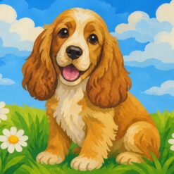 Schilderen op nummer cocker spaniel, een cocker spaniel met lange bruine oren tussen madeliefjes