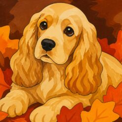 Schilderen op nummer: een cocker spaniel met lange oren tussen oranje herfstbladeren
