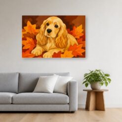 Schilderij Schilderen op nummer cocker spaniel in de herfstbladeren opgehangen boven de bank in een woonkamer