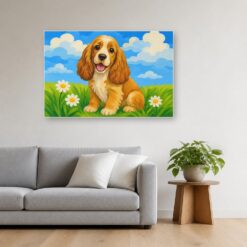 Schilderij Schilderen op nummer cocker spaniel met grote vlakken opgehangen boven de bank in een woonkamer