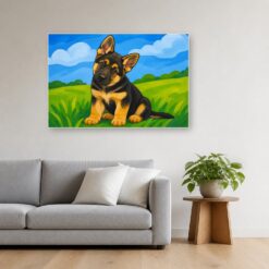 Schilderij Schilderen op nummer duitse herder pup opgehangen boven de bank in een woonkamer