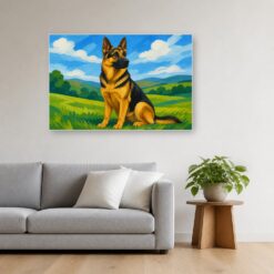 Schilderij Schilderen op nummer Duitse herder met grote vlakken opgehangen boven de bank in een woonkamer