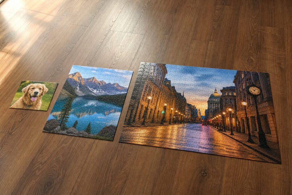 Drie afgemaakte fotopuzzels van verschillend formaat naast elkaar op een houten vloer