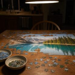 Fotopuzzel van een bergmeer op een keukentafel, losse stukjes in twee schaaltjes