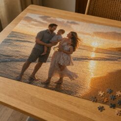 Bijna afgemaakte legpuzzel met een familiefoto op het strand, op een eikenhouten eettafel