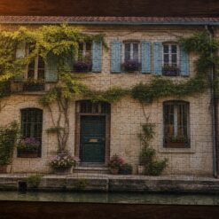 Bijna afgemaakte fotopuzzel van een oude gevel aan het water, met nog een los stukje op tafel