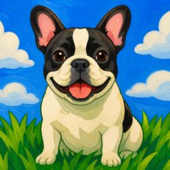 Schilderen op nummer Franse bulldog, een vrolijke Franse bulldog met grote vleermuisoren in het gras