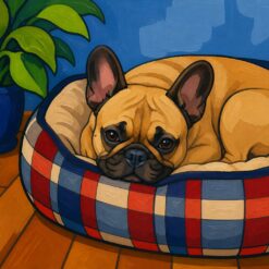 Schilderen op nummer: een Franse bulldog die opgerold in een geruite hondenmand ligt