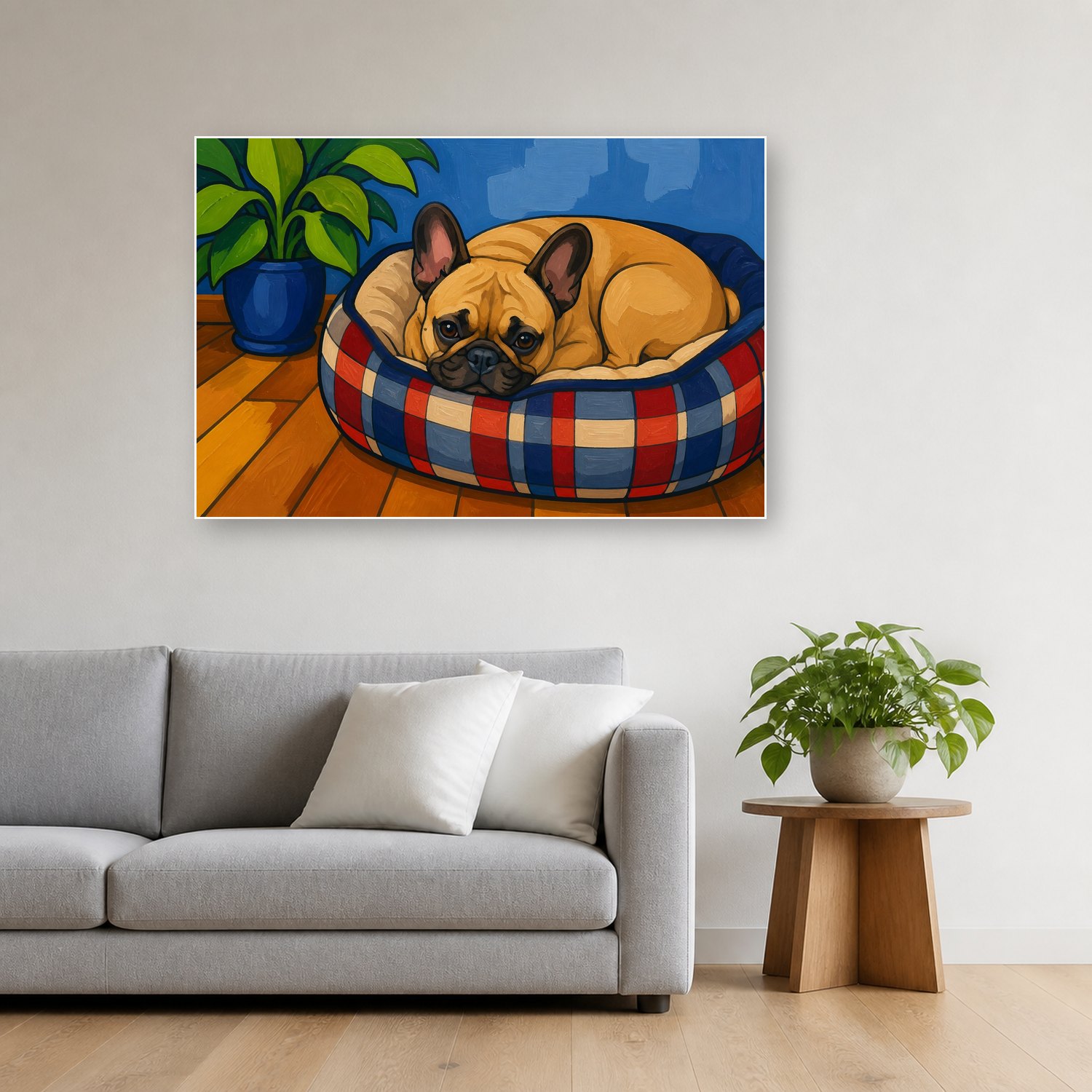 Schilderij Schilderen op nummer franse bulldog in zijn mand opgehangen boven de bank in een woonkamer