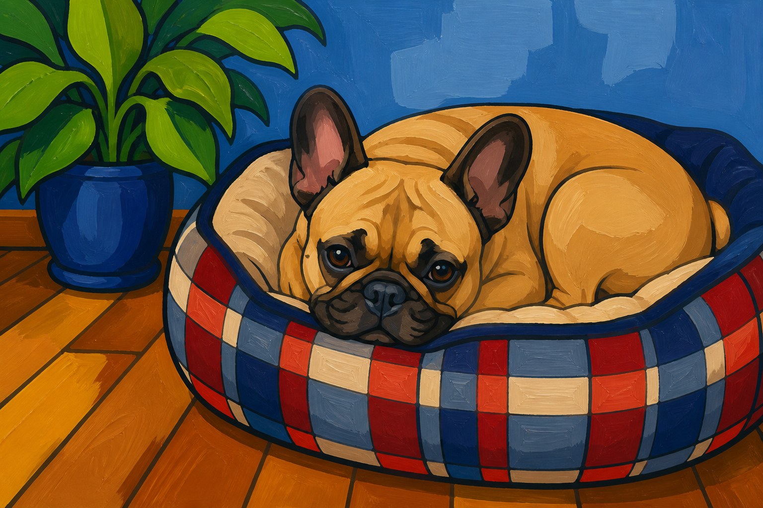 Schilderen op nummer: een Franse bulldog die opgerold in een geruite hondenmand ligt