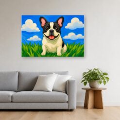 Schilderij Schilderen op nummer Franse bulldog met grote vlakken opgehangen boven de bank in een woonkamer