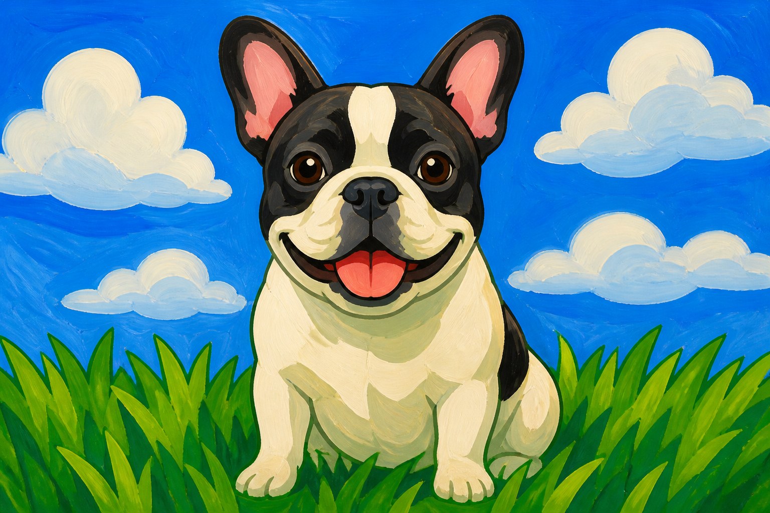 Schilderen op nummer Franse bulldog, een vrolijke Franse bulldog met grote vleermuisoren in het gras