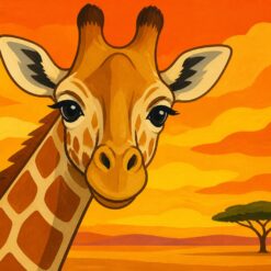 Schilderen op nummer giraffe tegen een oranje savannelucht