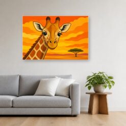 Schilderij Schilderen op nummer giraffe met grote vlakken opgehangen boven de bank in een woonkamer