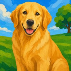 Schilderen op nummer golden retriever, een golden retriever met warme goudblonde vacht in een grasveld