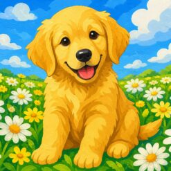 Schilderen op nummer: een golden retriever puppy in een veld met margrieten