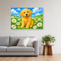 Schilderij Schilderen op nummer golden retriever puppy in de margrieten opgehangen boven de bank in een woonkamer
