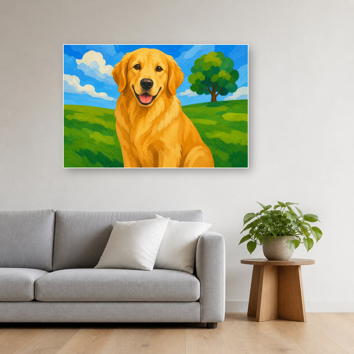 Schilderij Schilderen op nummer golden retriever met grote vlakken opgehangen boven de bank in een woonkamer